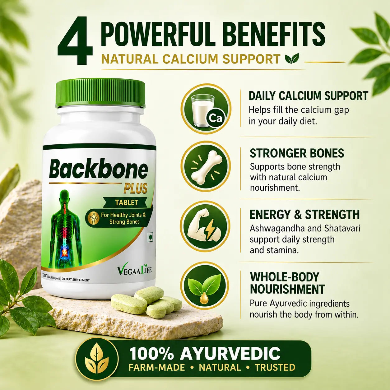 BackBone Plus Tablet – Natural Ayurvedic Calcium Support Tablet | 120 Tablets | For Strong Bones & Daily Nourishment