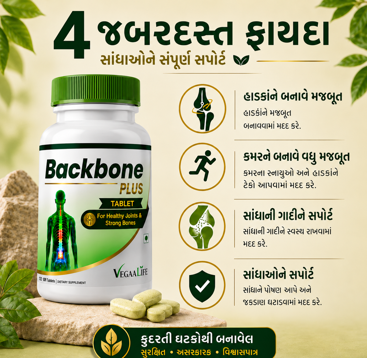 બેક બોન પ્લસ ટેબલેટ – કરોડરજ્જુના સ્વાસ્થ્ય અને મજબૂત હાડકાં માટે અદ્યતન પ્લાન્ટ-બેઝ્ડ પોષણ (120 ટેબ્લેટ્સ)