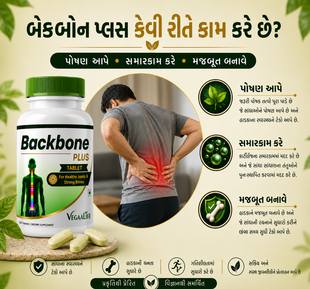 બેક બોન પ્લસ ટેબલેટ – કરોડરજ્જુના સ્વાસ્થ્ય અને મજબૂત હાડકાં માટે અદ્યતન પ્લાન્ટ-બેઝ્ડ પોષણ (120 ટેબ્લેટ્સ)