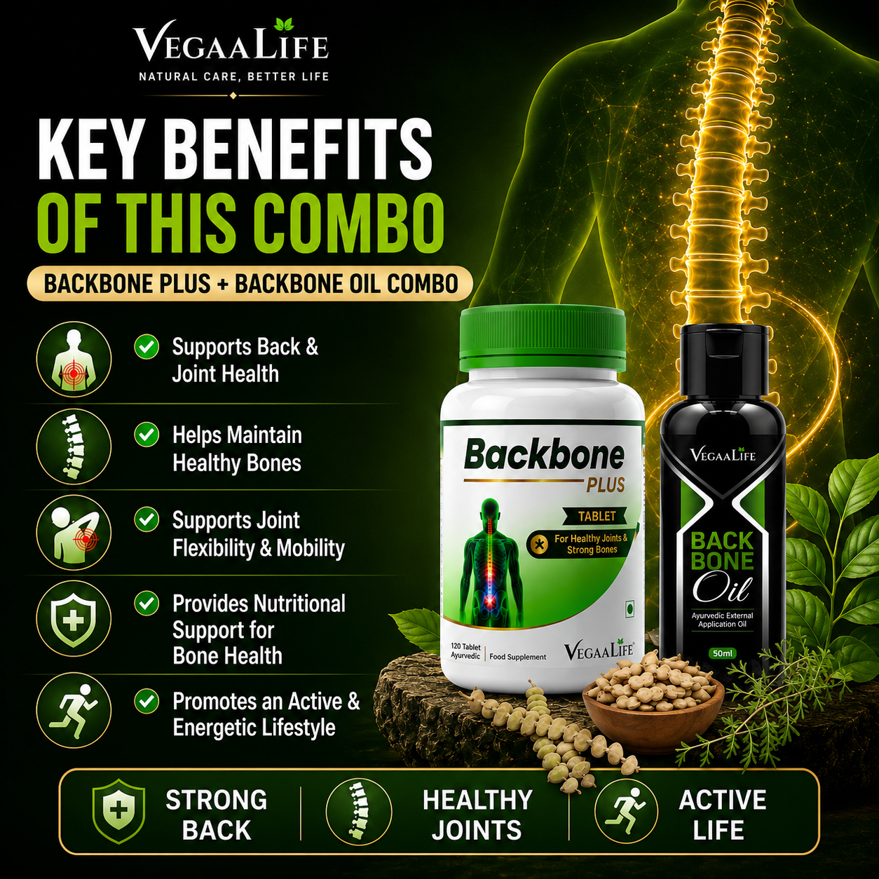Back Bone Plus Tablet & Back Bone Oil Combo – Natural Relief for Back Pain, Spine Discomfort, and Muscle Aches