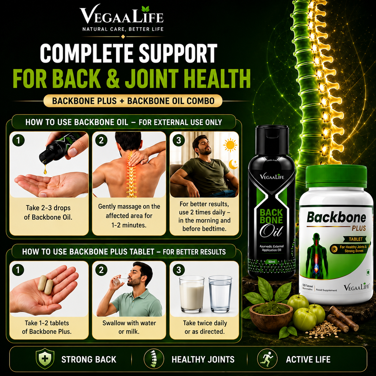 Back Bone Plus Tablet & Back Bone Oil Combo – Natural Relief for Back Pain, Spine Discomfort, and Muscle Aches