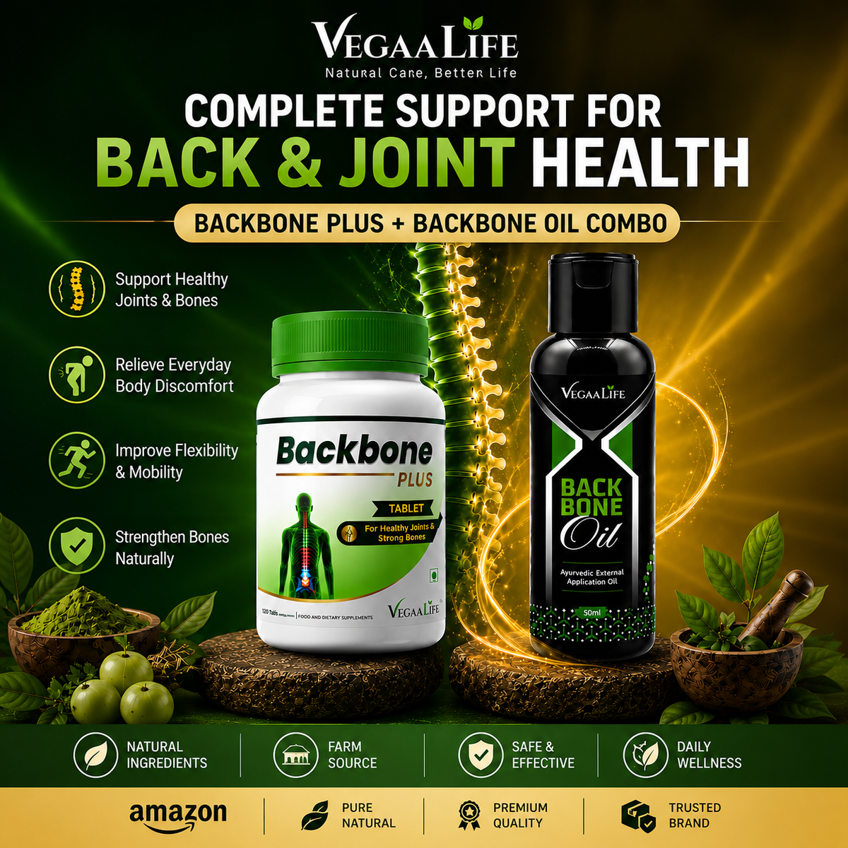 Back Bone Plus Tablet & Back Bone Oil Combo – Natural Relief for Back Pain, Spine Discomfort, and Muscle Aches